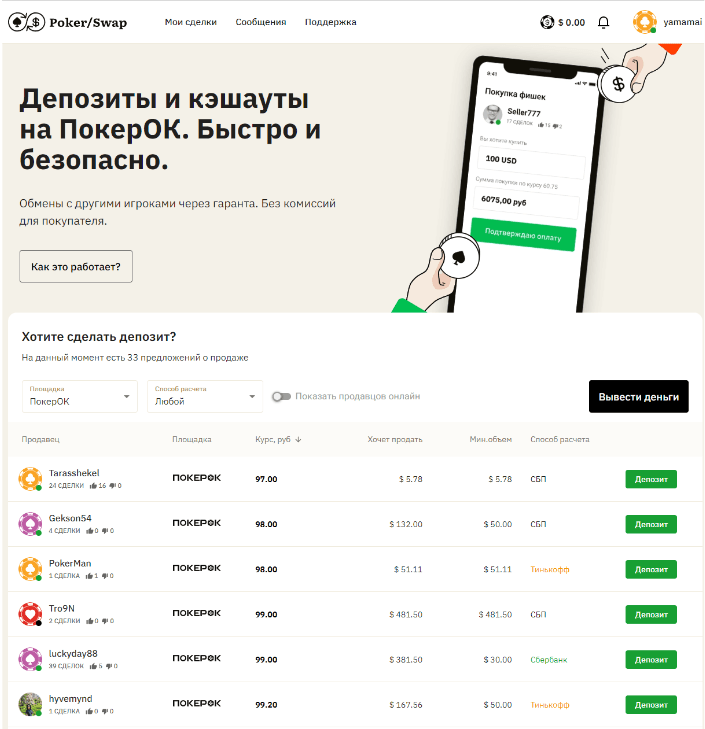 На PokerSwap состояние баланса находится в правом верхнем углу страницы