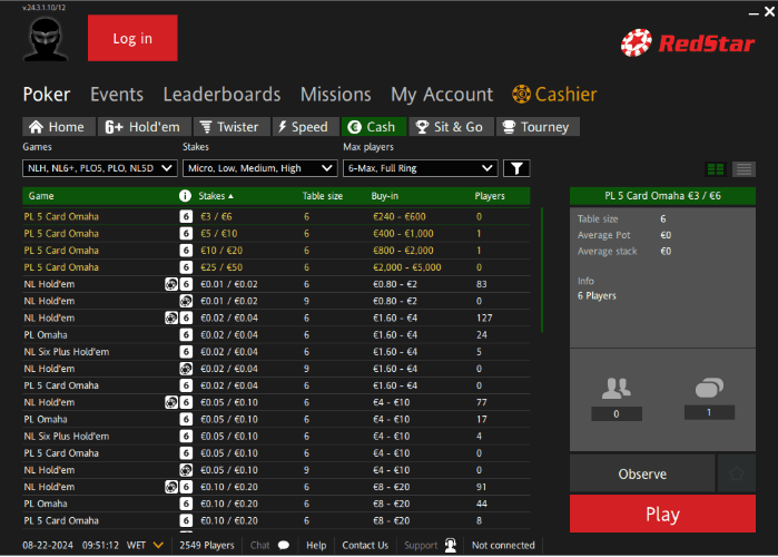 Поиграть на RedStar Poker можно в NL Holdem, PLO, PLO5 и 6+ Holdem